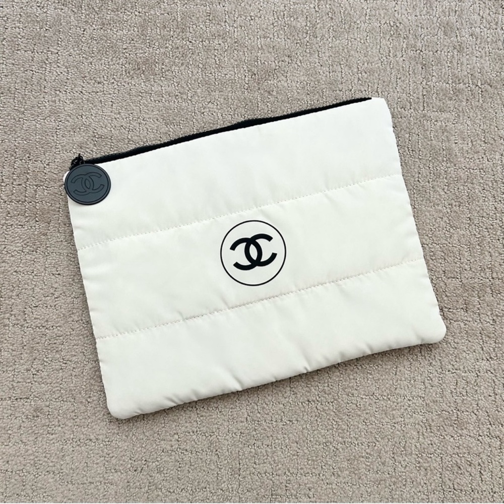 White Chanel Puffy Cosmetic Pouch - Picture 2 of 7